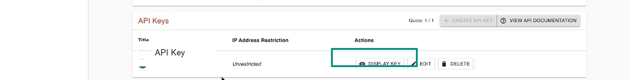 API key list with Display key highlighted